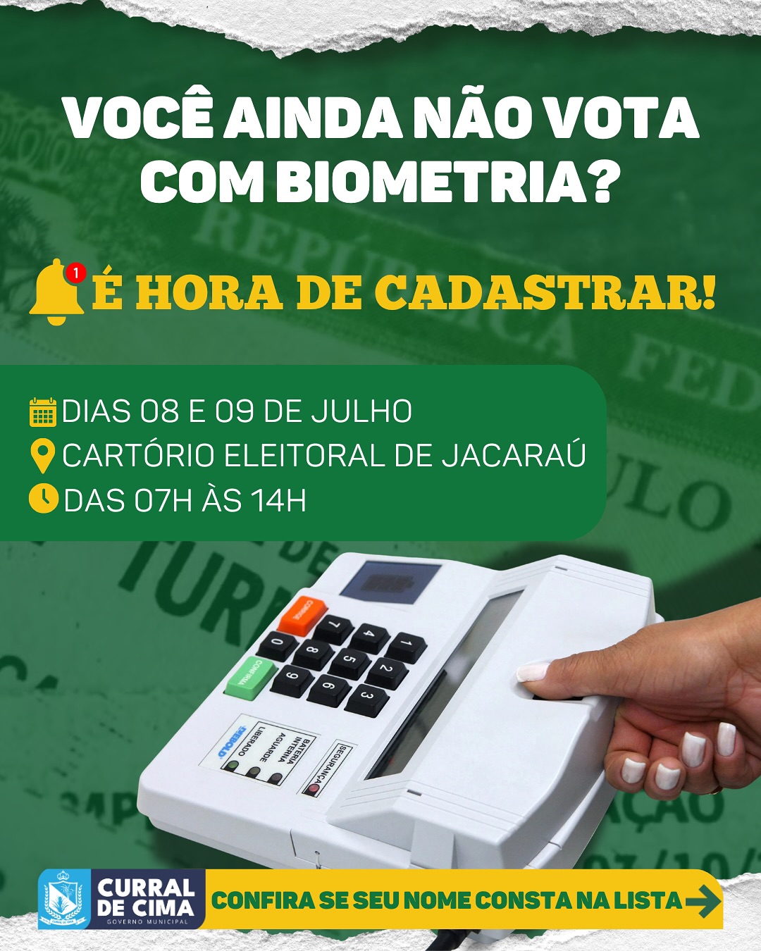 Justiça Eleitoral convoca eleitores de Curral de Cima para cadastramento biométrico